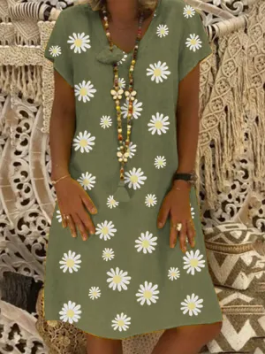 Floral Dress Women V-neck Short Sleeve Loose Casual Dress