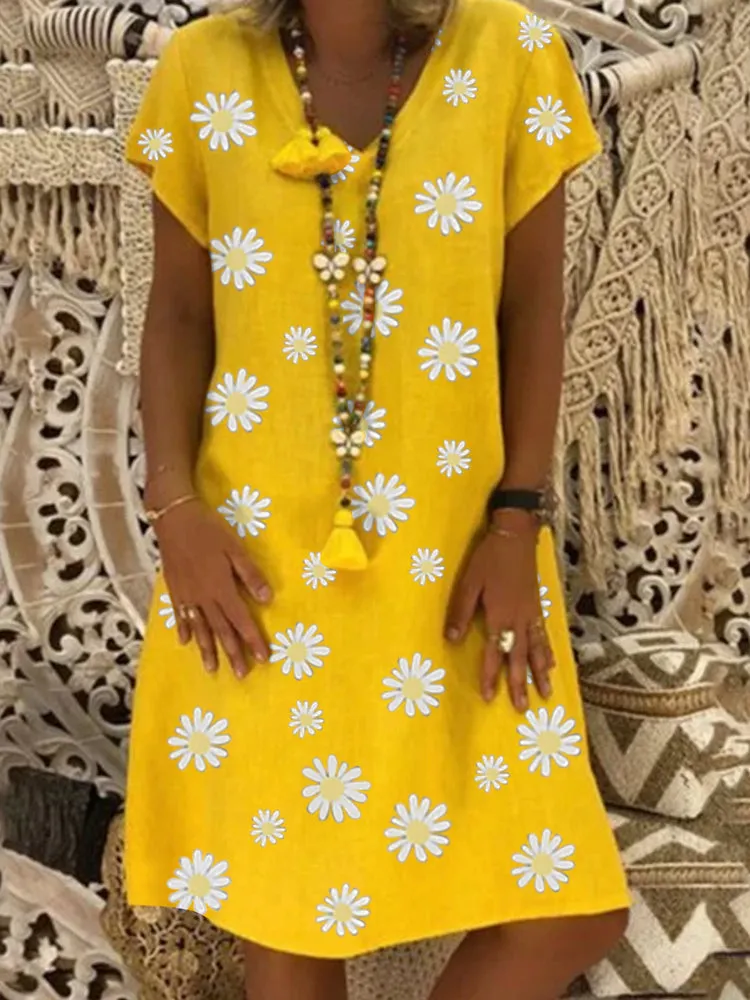 Floral Dress Women V-neck Short Sleeve Loose Casual Dress