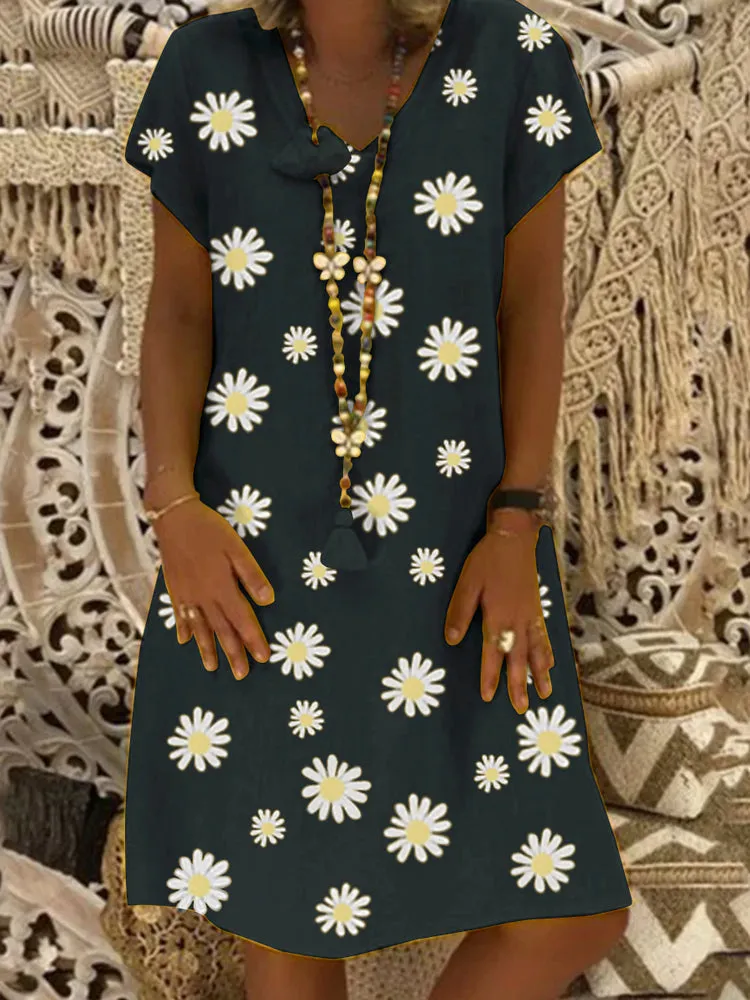 Floral Dress Women V-neck Short Sleeve Loose Casual Dress