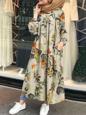 Floral Leaf Printed Button Down Front Kaftan Tunic Pockets Women Maxi Dress