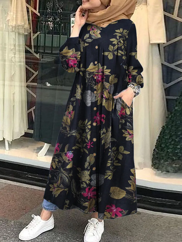 Floral Leaf Printed Button Down Front Kaftan Tunic Pockets Women Maxi Dress