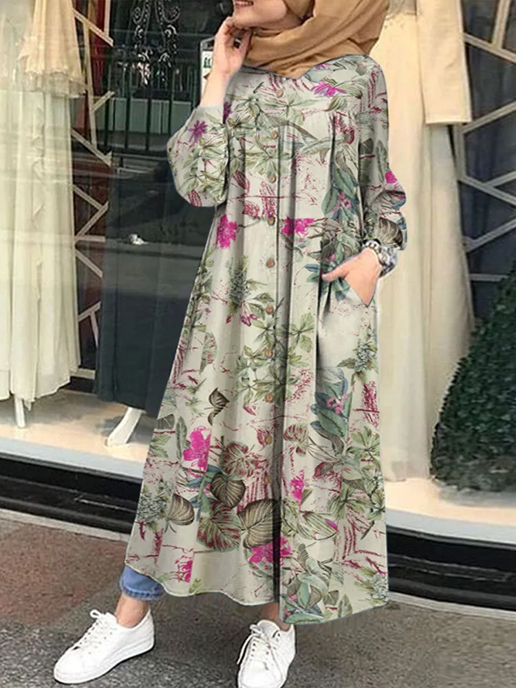 Floral Leaf Printed Button Down Front Kaftan Tunic Pockets Women Maxi Dress