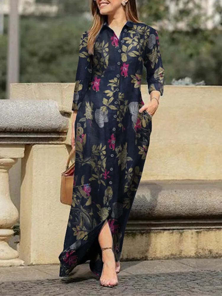 Floral Leaves Print Lapel Button Long Sleeve Daily Casual Women Maxi Dress