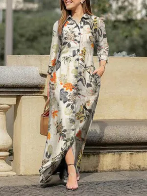 Floral Leaves Print Lapel Button Long Sleeve Daily Casual Women Maxi Dress
