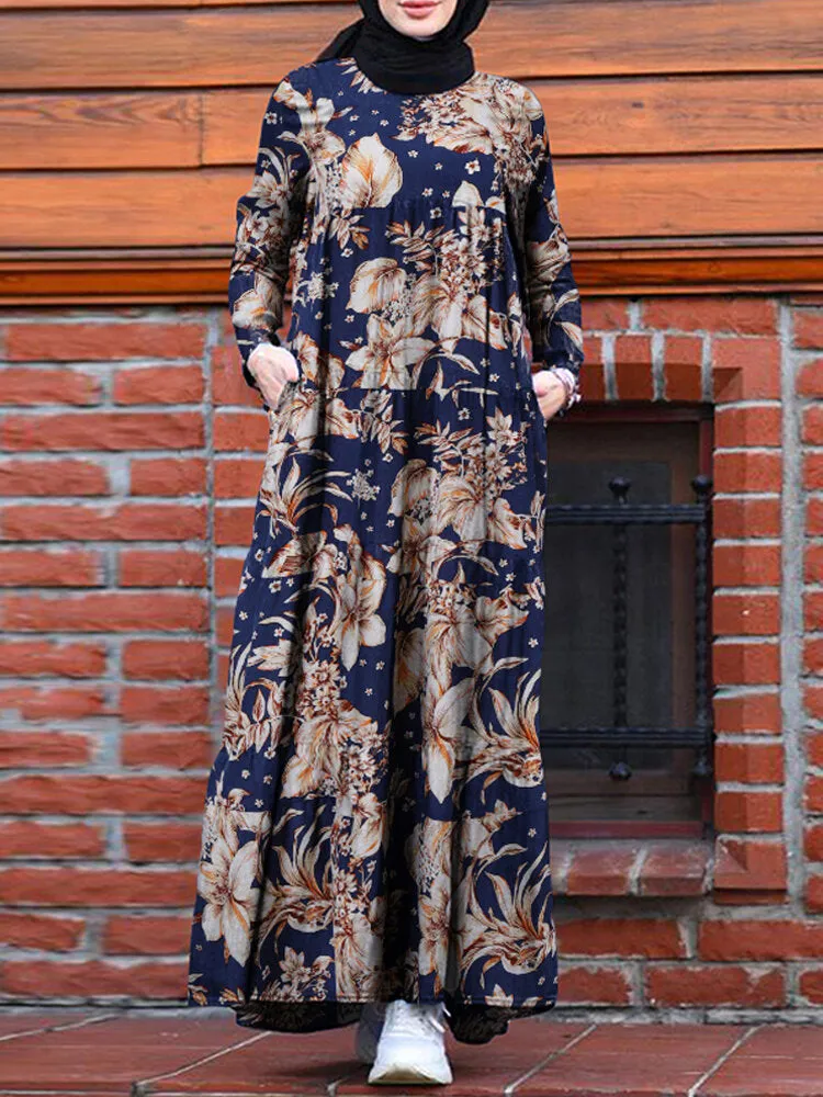 Floral Print Loose Causal Bohemian Back Zipper Pleated Pockets Women Maxi Dress