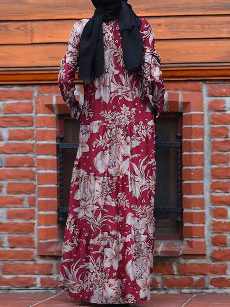 Floral Print Loose Causal Bohemian Back Zipper Pleated Pockets Women Maxi Dress
