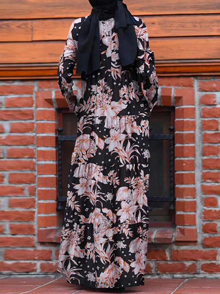 Floral Print Loose Causal Bohemian Back Zipper Pleated Pockets Women Maxi Dress