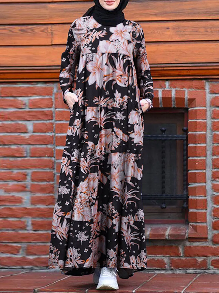 Floral Print Loose Causal Bohemian Back Zipper Pleated Pockets Women Maxi Dress