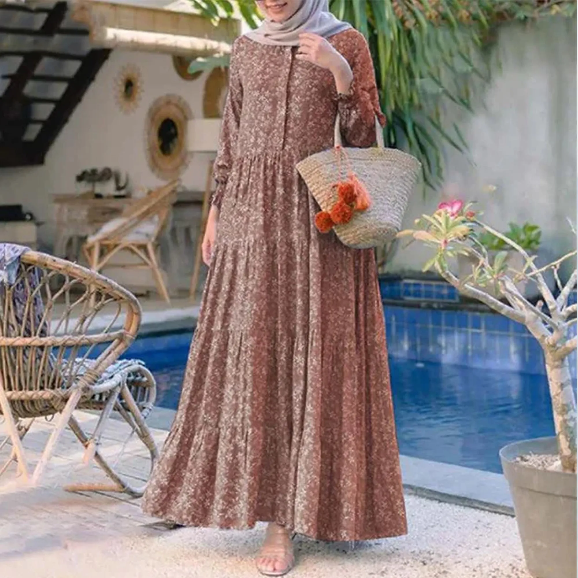 Floral Print O-neck Casual Holiday Bohemian Long Sleeve Tiered Women Maxi Dress
