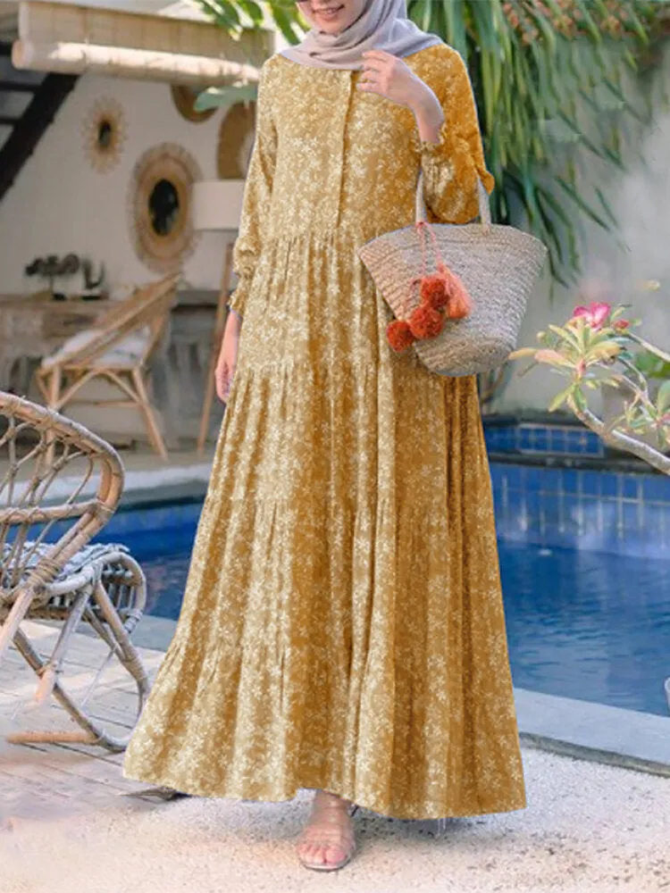 Floral Print O-neck Casual Holiday Bohemian Long Sleeve Tiered Women Maxi Dress