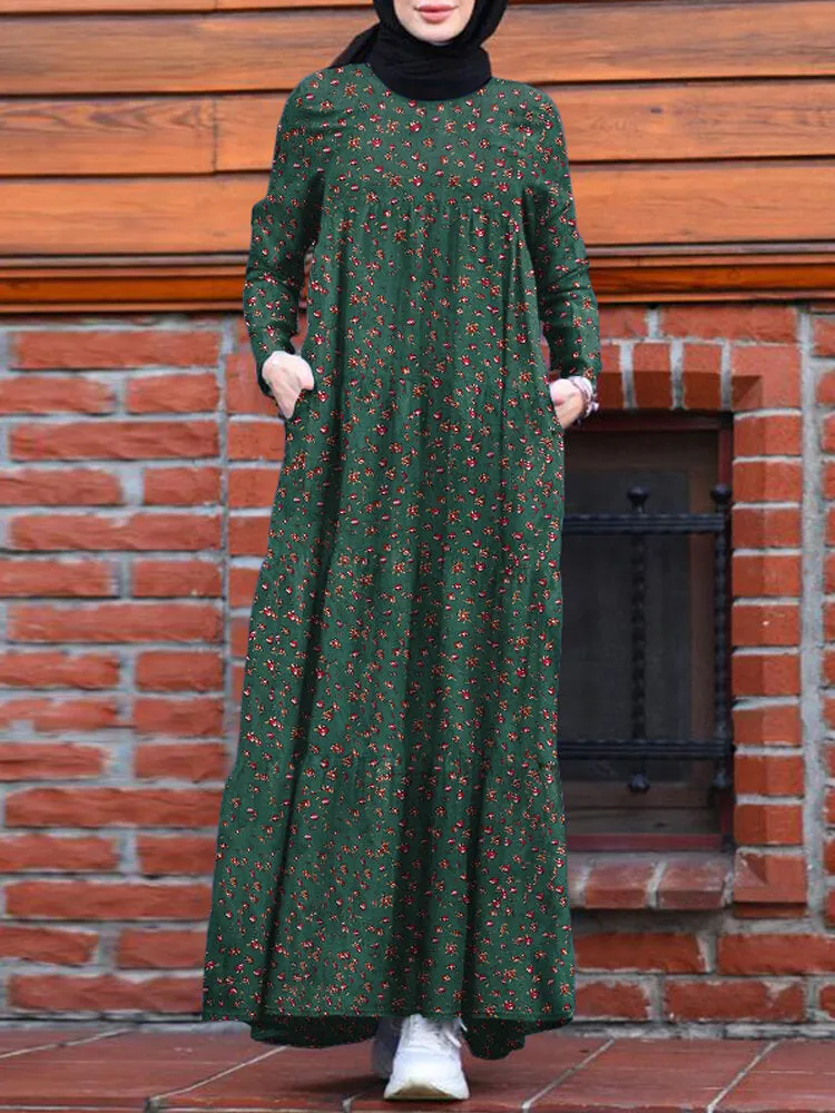 Floral Print O-neck Retro Casual Long Sleeve Layered Pockets Women Maxi Dress