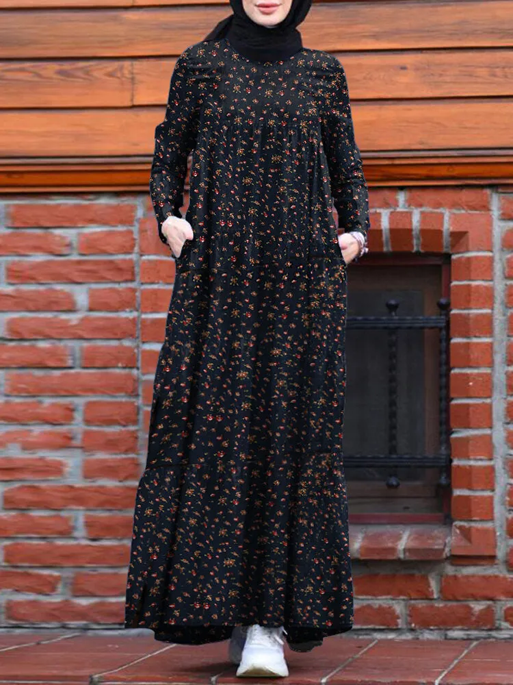 Floral Print O-neck Retro Casual Long Sleeve Layered Pockets Women Maxi Dress