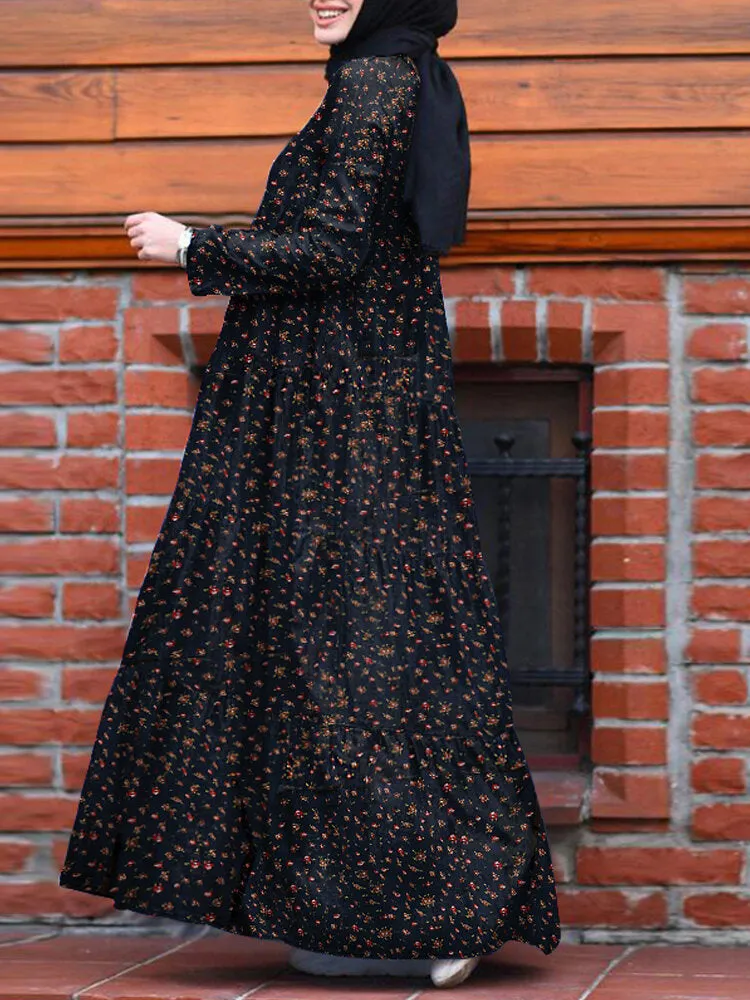 Floral Print O-neck Retro Casual Long Sleeve Layered Pockets Women Maxi Dress