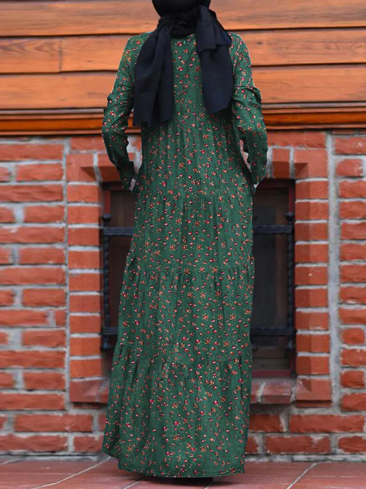 Floral Print O-neck Retro Casual Long Sleeve Layered Pockets Women Maxi Dress