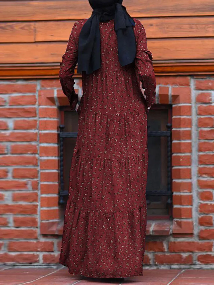 Floral Print O-neck Retro Casual Long Sleeve Layered Pockets Women Maxi Dress