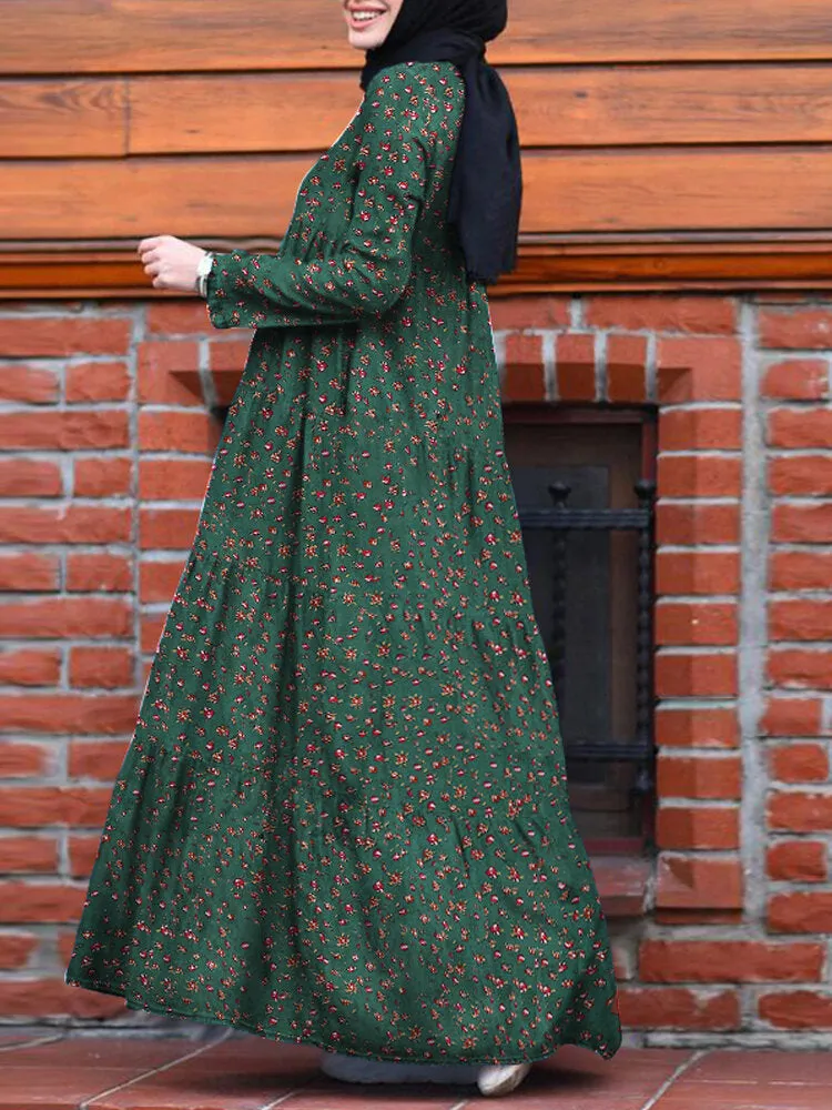Floral Print O-neck Retro Casual Long Sleeve Layered Pockets Women Maxi Dress