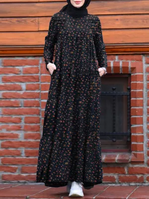 Floral Print O-neck Retro Casual Long Sleeve Layered Pockets Women Maxi Dress