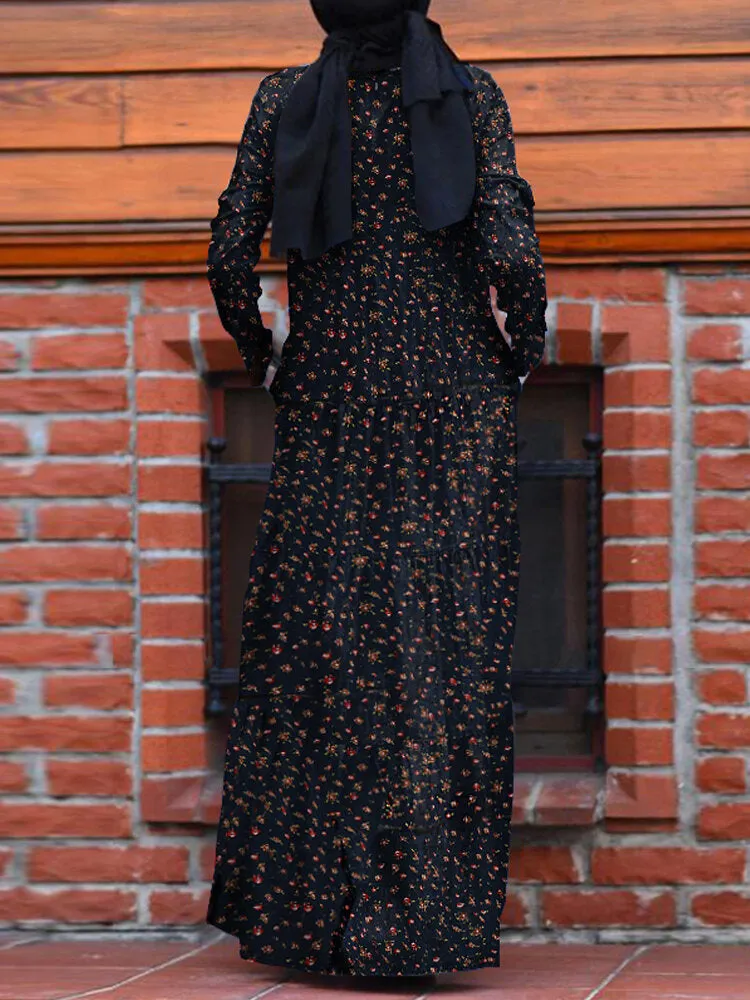 Floral Print O-neck Retro Casual Long Sleeve Layered Pockets Women Maxi Dress