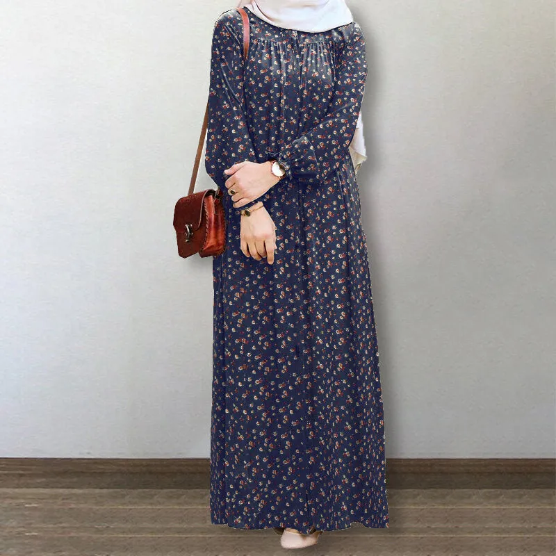 Floral Print Puff Sleeve Lace-up Turn-down-collar Casual Women Maxi Dress