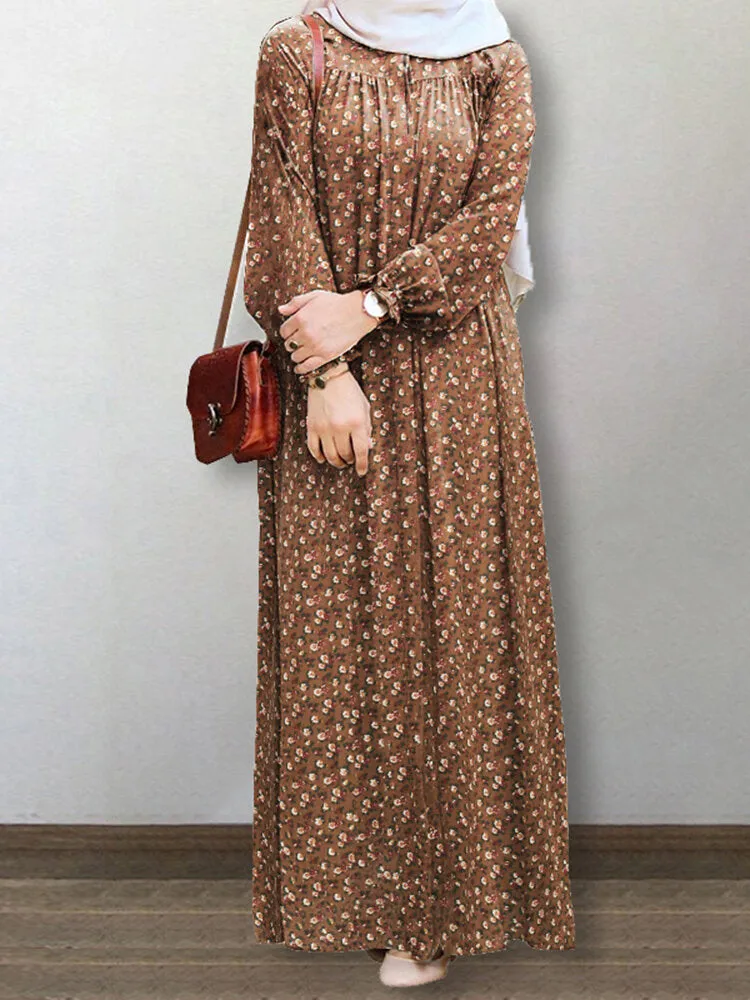 Floral Print Puff Sleeve Lace-up Turn-down-collar Casual Women Maxi Dress