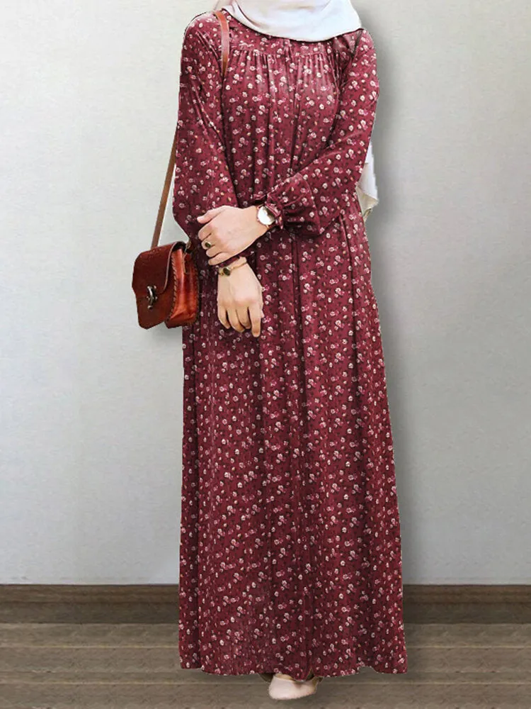 Floral Print Puff Sleeve Lace-up Turn-down-collar Casual Women Maxi Dress