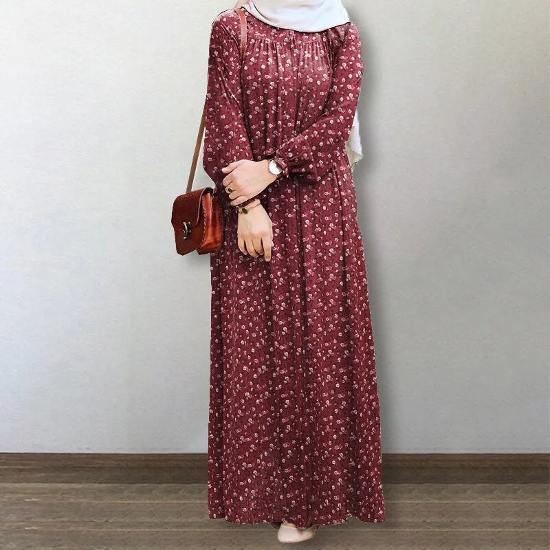 Floral Print Puff Sleeve Lace-up Turn-down-collar Casual Women Maxi Dress