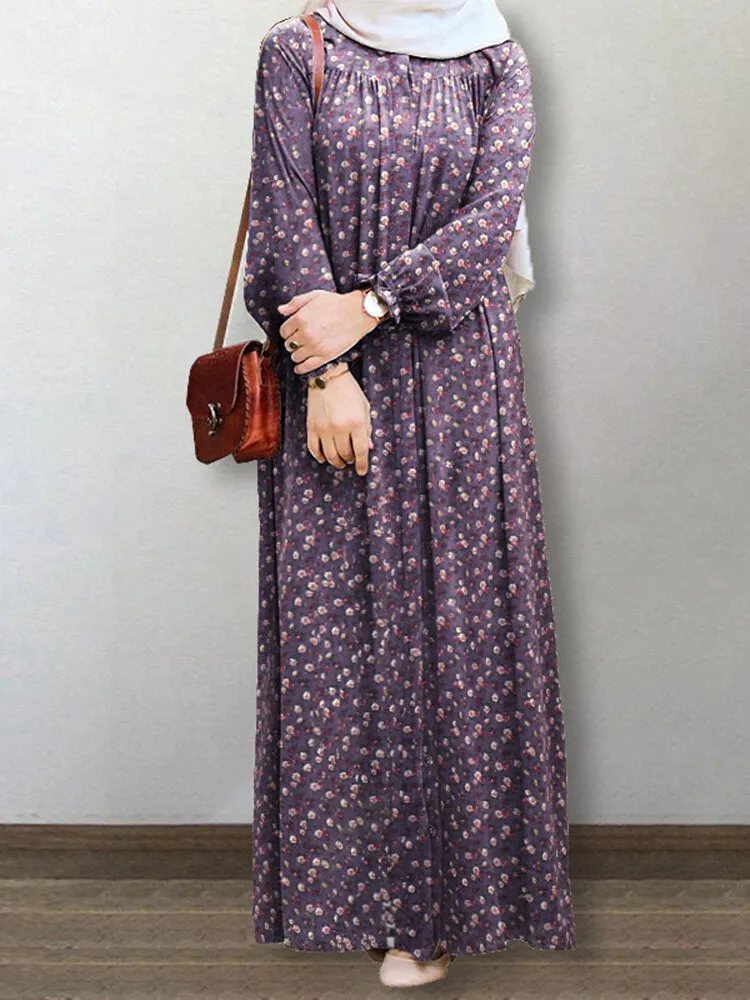 Floral Print Puff Sleeve Lace-up Turn-down-collar Casual Women Maxi Dress