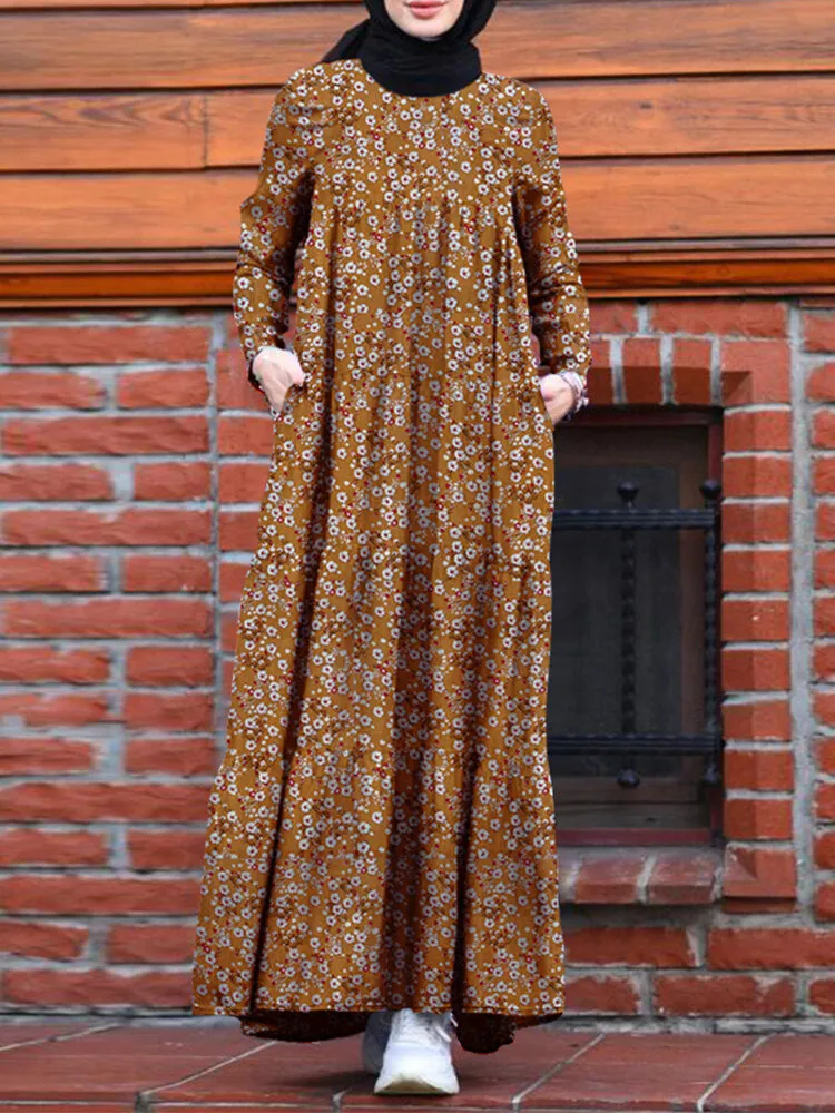 Floral Print Tiered O-neck Casual Pocket Women Maxi Dress
