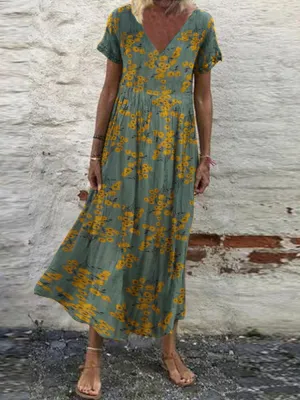 Floral Print V-neck Leisure Holiday Women Maxi Dress