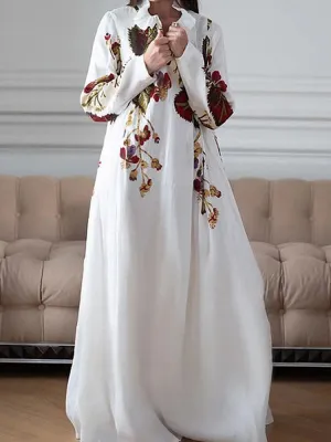 Floral Print V-neck Long Sleeve Holiday Casual Women Maxi Dress