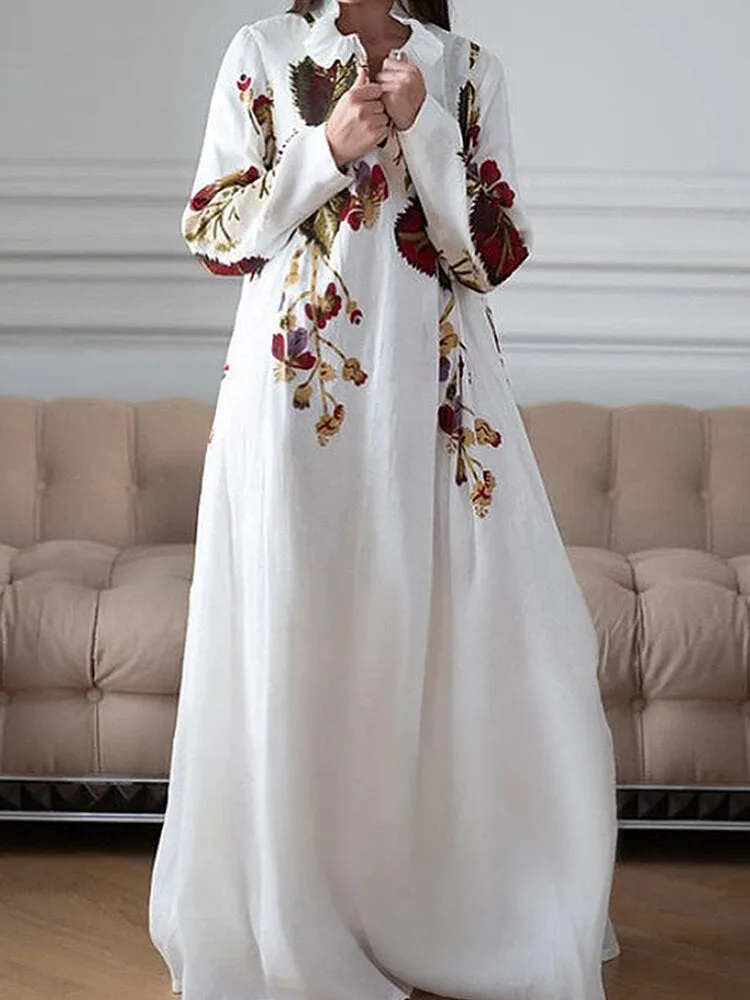 Floral Print V-neck Long Sleeve Holiday Casual Women Maxi Dress