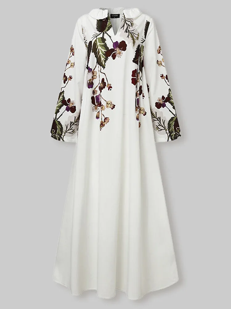 Floral Print V-neck Long Sleeve Holiday Casual Women Maxi Dress