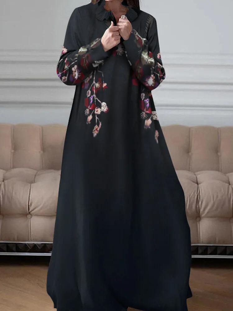 Floral Print V-neck Long Sleeve Holiday Casual Women Maxi Dress
