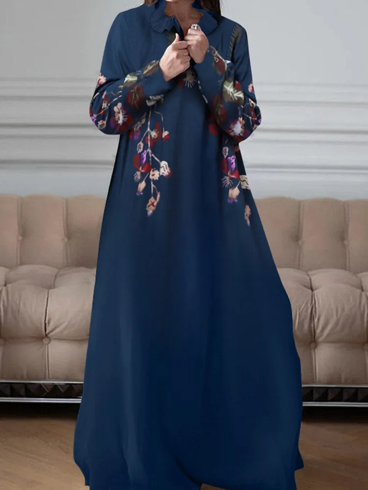 Floral Print V-neck Long Sleeve Holiday Casual Women Maxi Dress