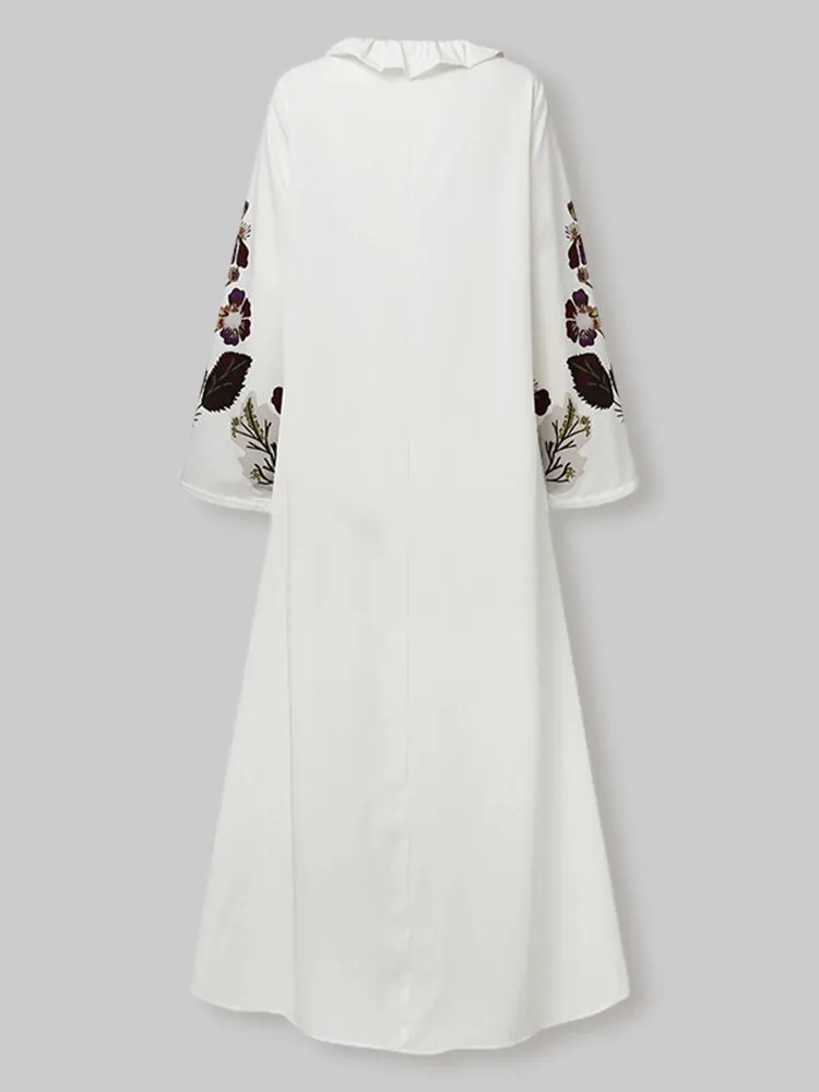 Floral Print V-neck Long Sleeve Holiday Casual Women Maxi Dress