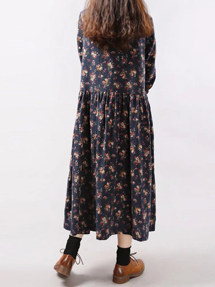 Floral Printed Pleated Long Sleeve Women Maxi Dress