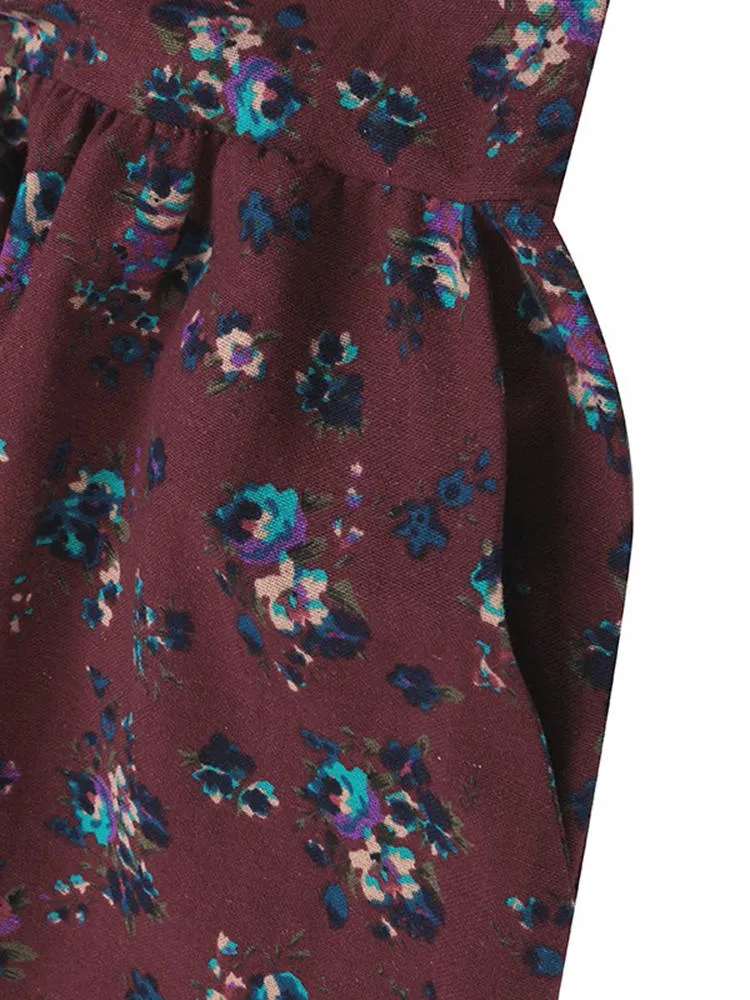 Floral Printed Pleated Long Sleeve Women Maxi Dress