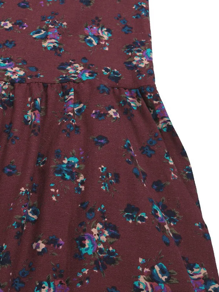 Floral Printed Pleated Long Sleeve Women Maxi Dress