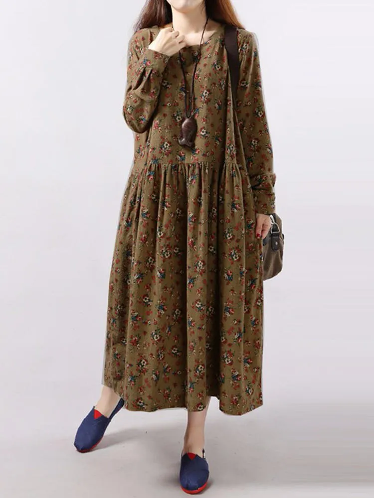 Floral Printed Pleated Long Sleeve Women Maxi Dress