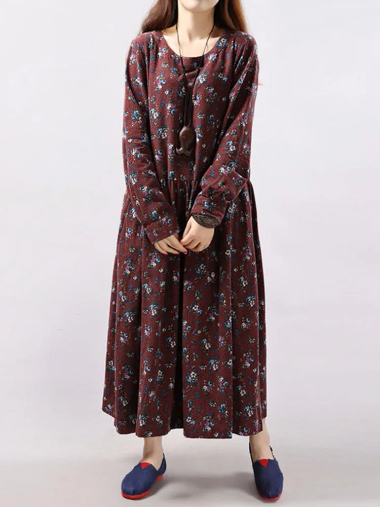 Floral Printed Pleated Long Sleeve Women Maxi Dress