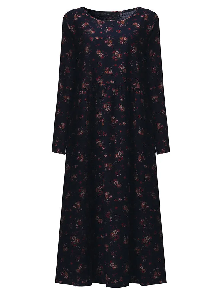 Floral Printed Pleated Long Sleeve Women Maxi Dress