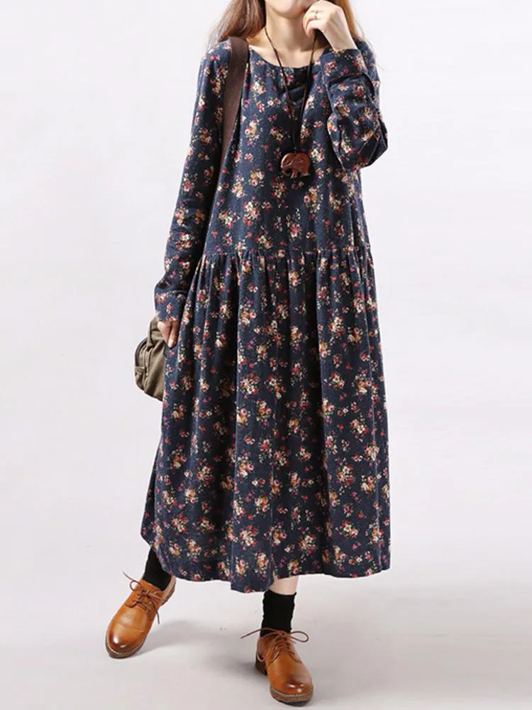Floral Printed Pleated Long Sleeve Women Maxi Dress