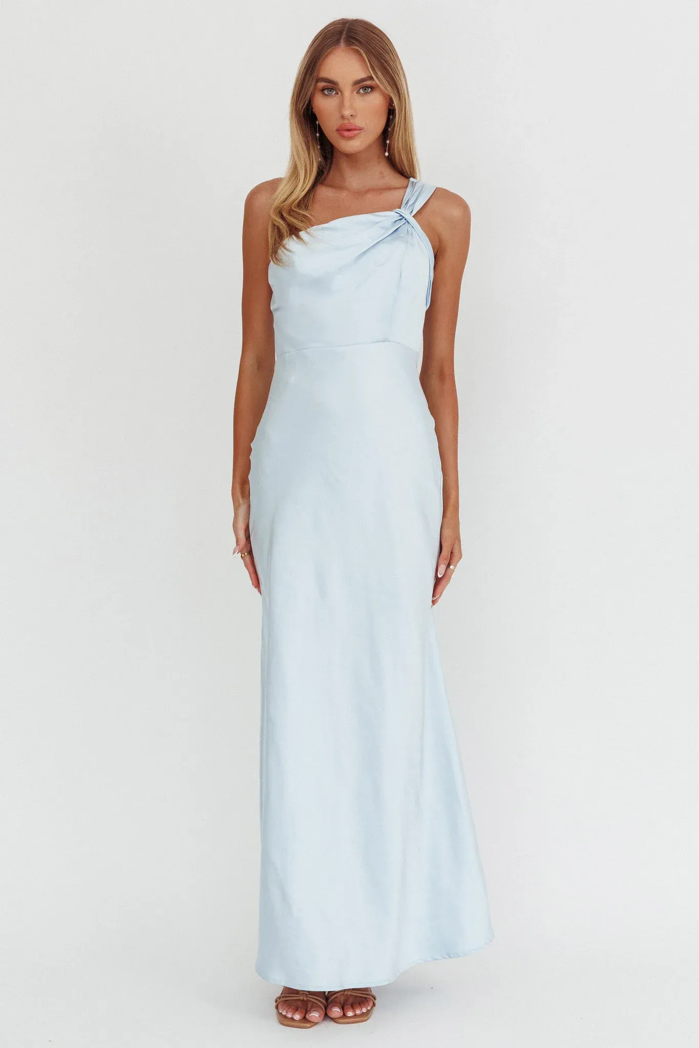 Fly Love Satin One Shoulder Maxi Dress Sky Blue