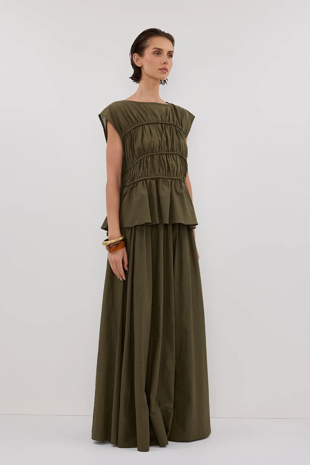 FLYNN OLIVE LINEN BLEND TIE MAXI SKIRT