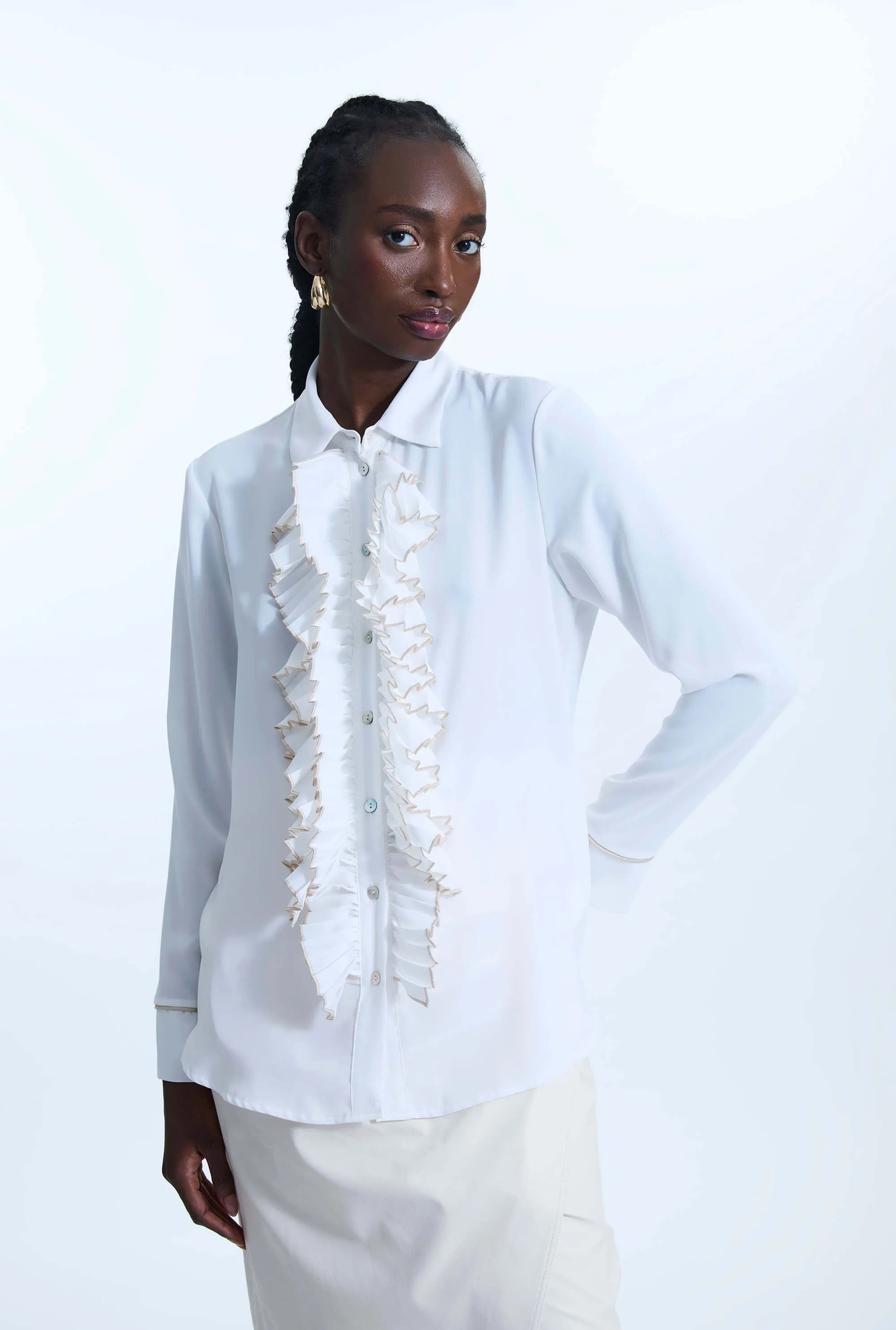 Front Ruffle Button Up Shirt White