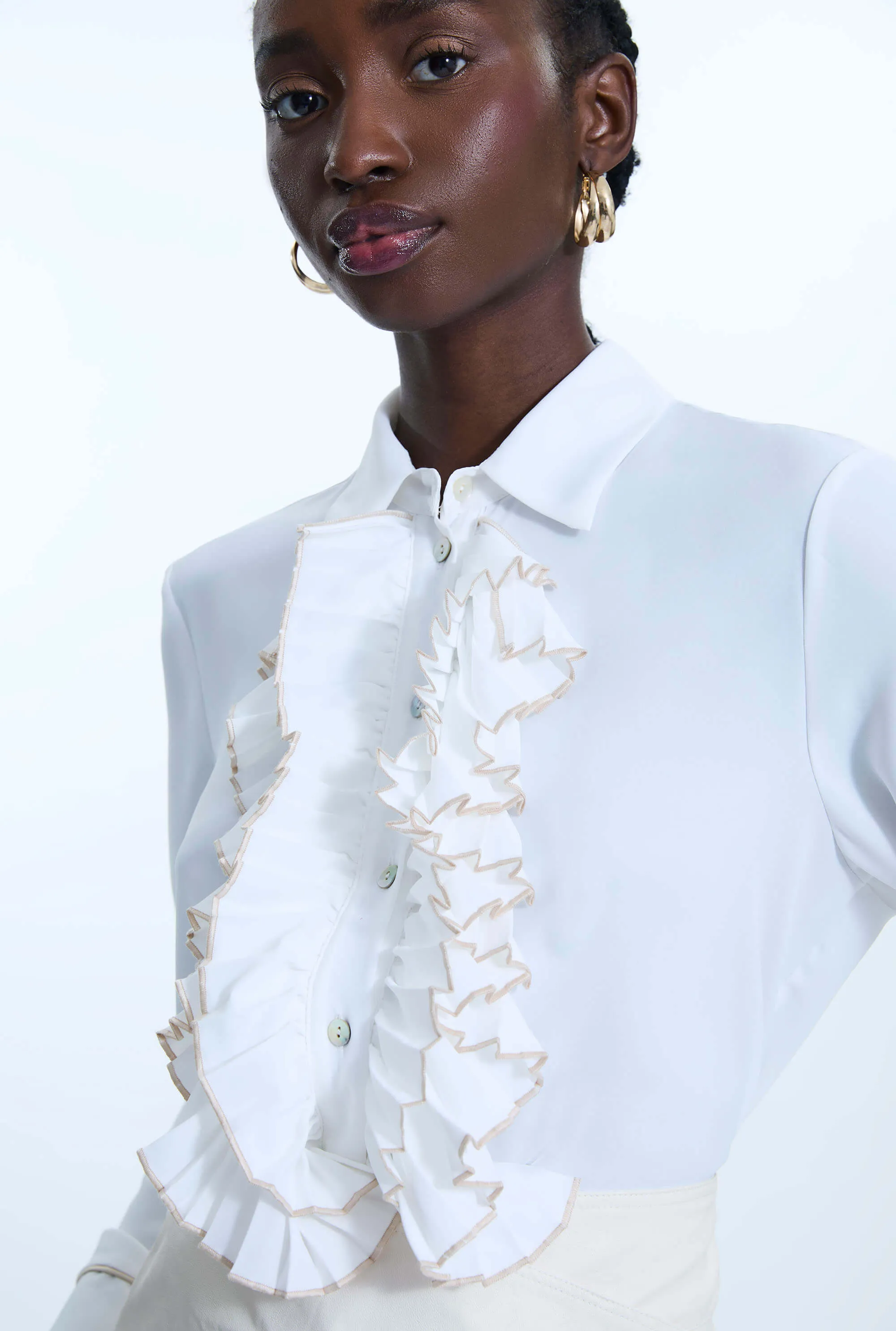 Front Ruffle Button Up Shirt White