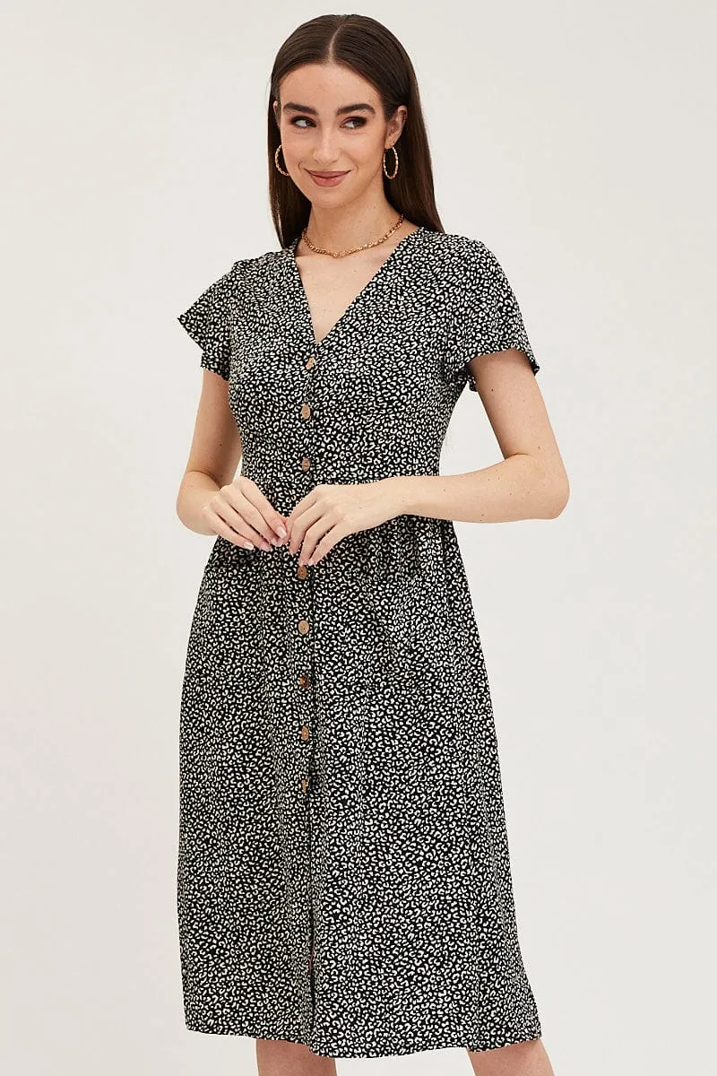 Geo Print Pocket Front Button Midi Dress