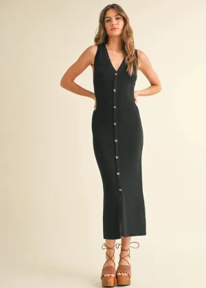 Georgina Knit Ribbed Button-Down Dress - Black
