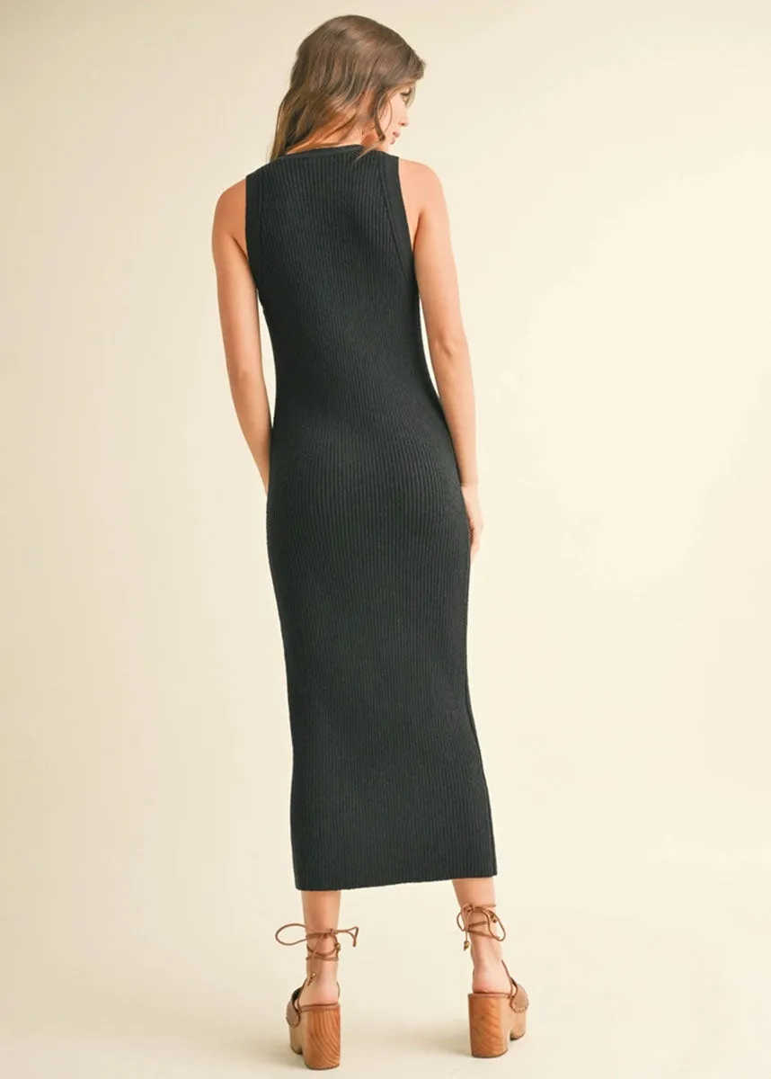 Georgina Knit Ribbed Button-Down Dress - Black