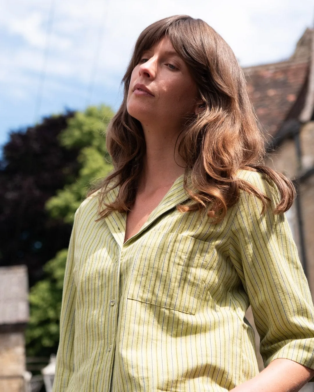 Gina Women's Cotton & Linen Casual Shirt | Avocado Stripe